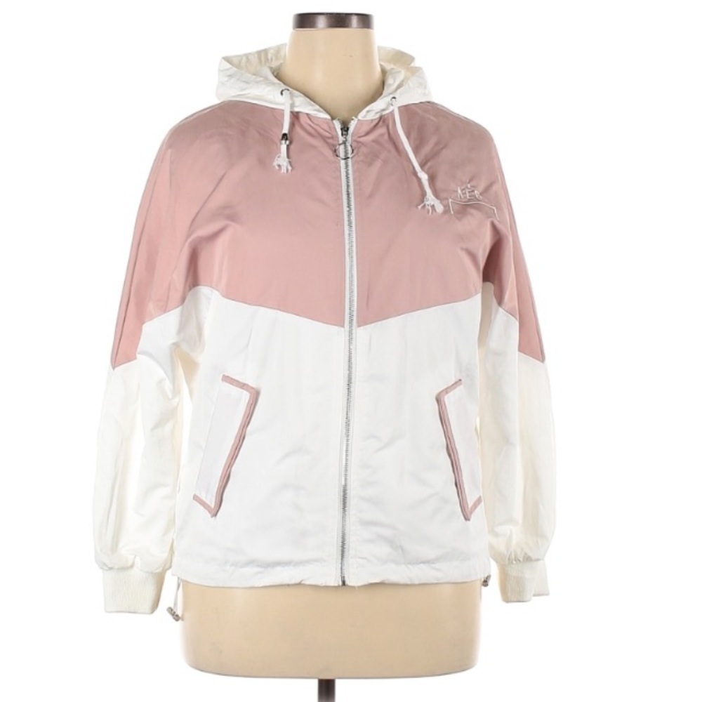 AES Hooded Color block Zip Up Windbreaker Jacket pink white xl women’s